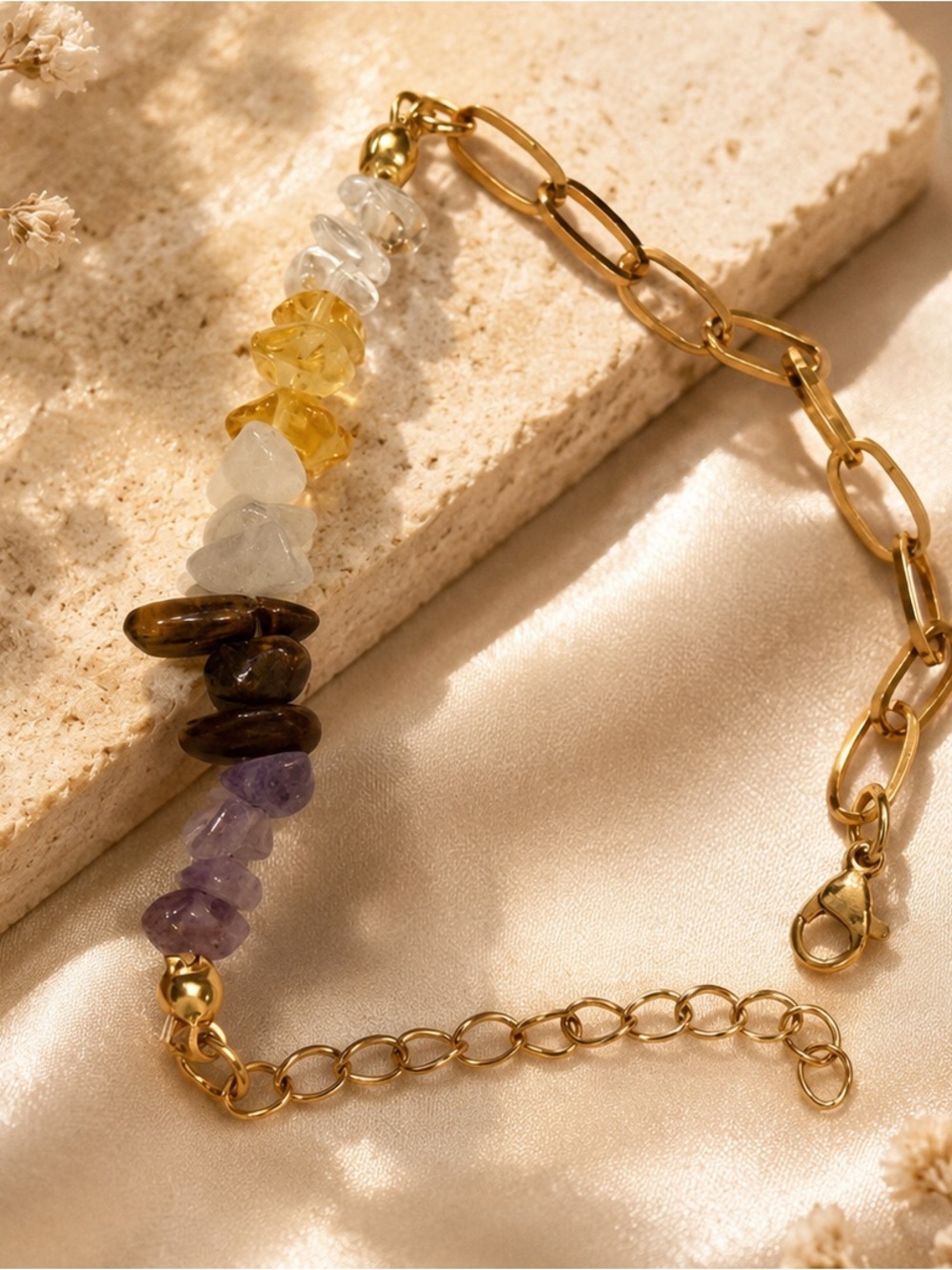 18k Gold Plated Multi-Gemstone Chip Bracelet - Women Jewelry